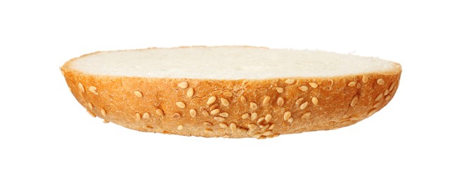 Photo of Half of fresh burger bun with sesame seeds isolated on white
