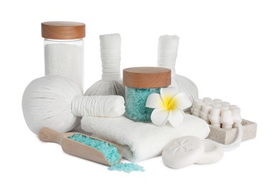 Photo of Beautiful spa composition with different body care products isolated on white