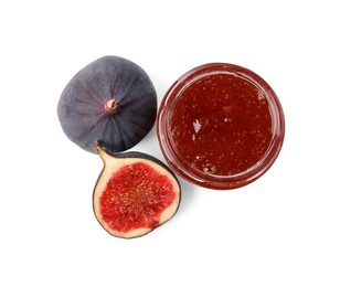 Photo of Glass jar of tasty sweet jam and fresh figs isolated on white, top view