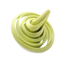 Photo of One green spinning top on white background