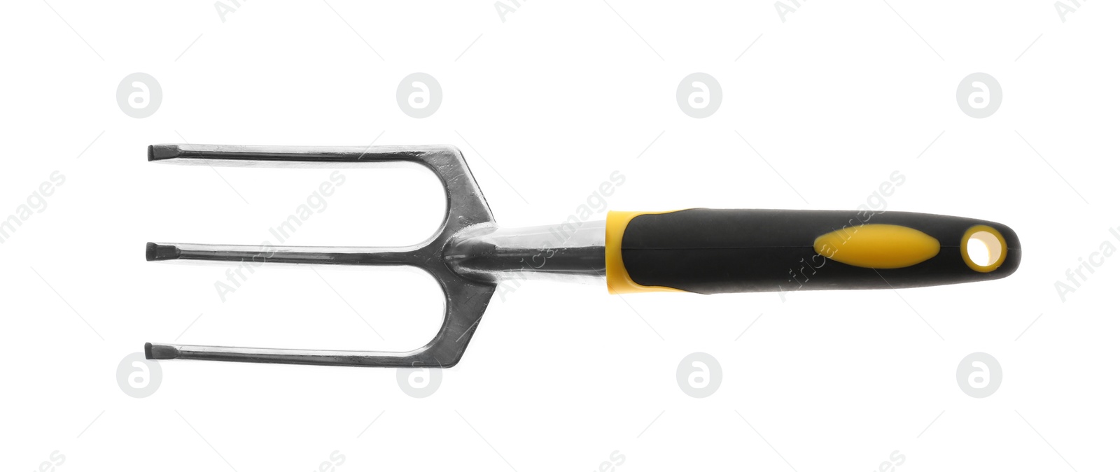 Photo of Modern pitchfork isolated on white, top view. Gardening tool