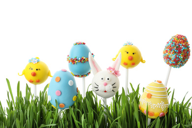 Photo of Different sweet cake pops for Easter celebration and grass on white background