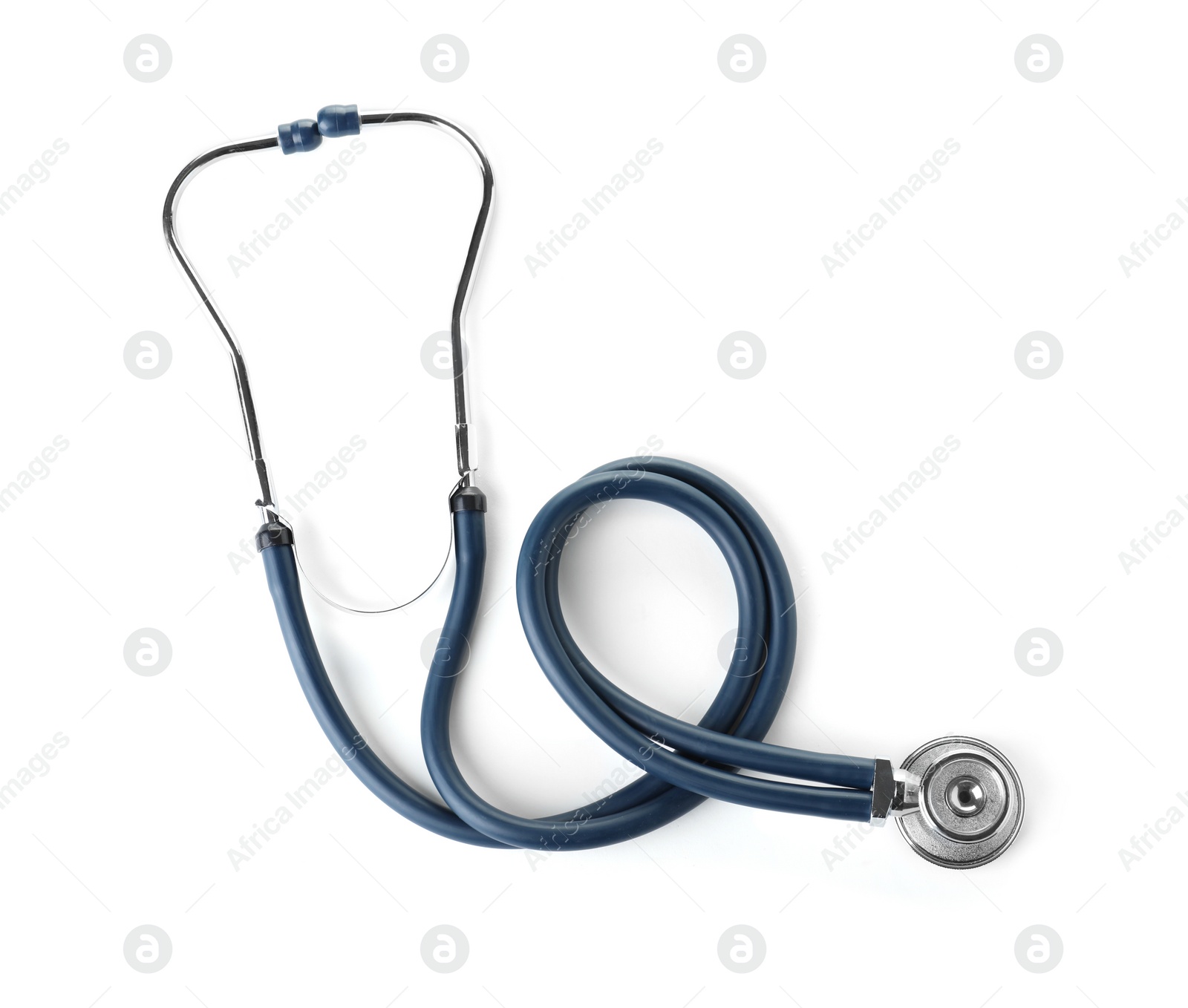 Photo of Stethoscope on white background, top view. Medical device