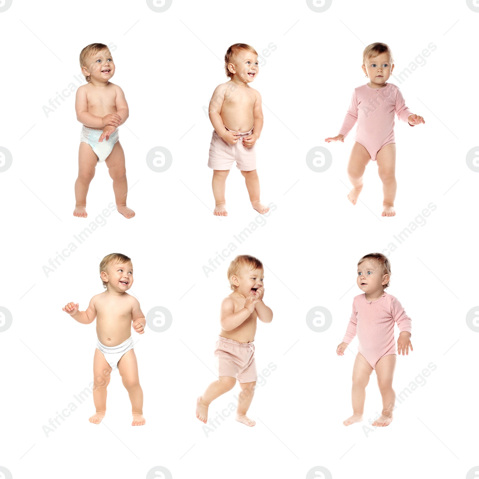 Image of Collage with photos of cute baby learning to walk on white background