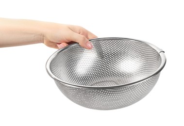 Woman with metal sieve on white background, closeup