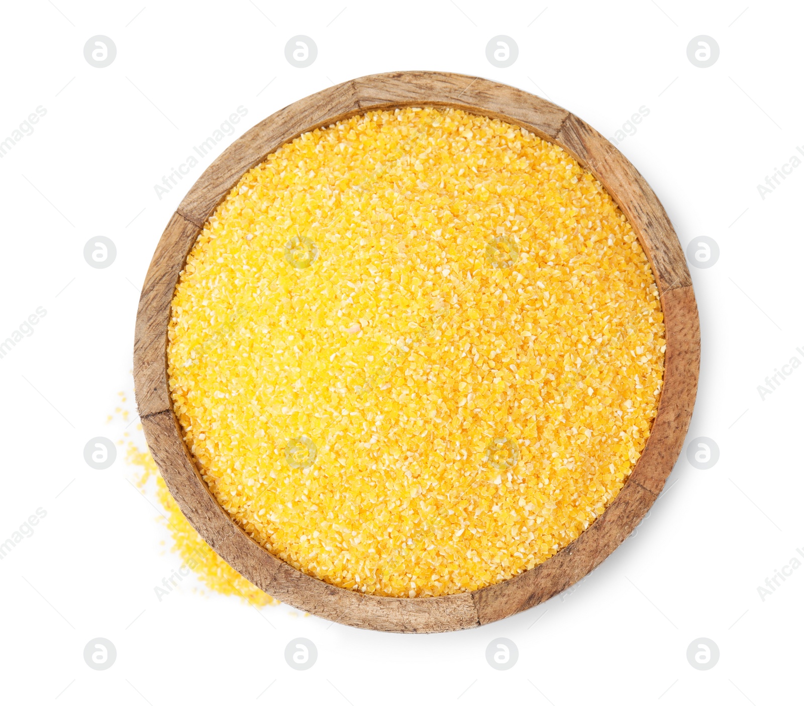 Photo of Raw cornmeal in bowl isolated on white, top view