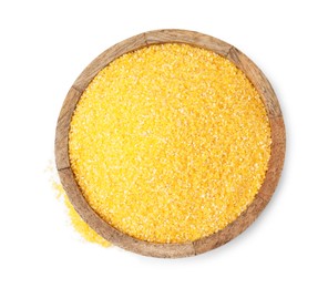 Raw cornmeal in bowl isolated on white, top view