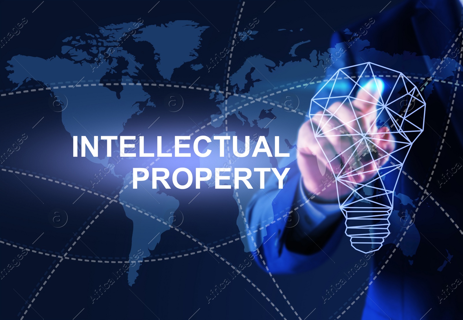 Image of Intellectual property concept. Man using virtual screen with world map and lamp bulb illustrations, closeup