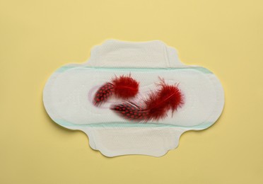 Photo of Menstrual pad with red feathers on beige background, top view