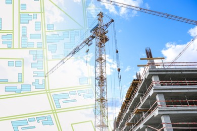 Double exposure of cadastral map and unfinished building 