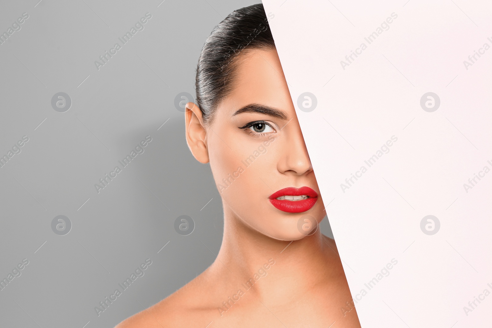 Photo of Young woman wearing beautiful lipstick on color background. Space for text