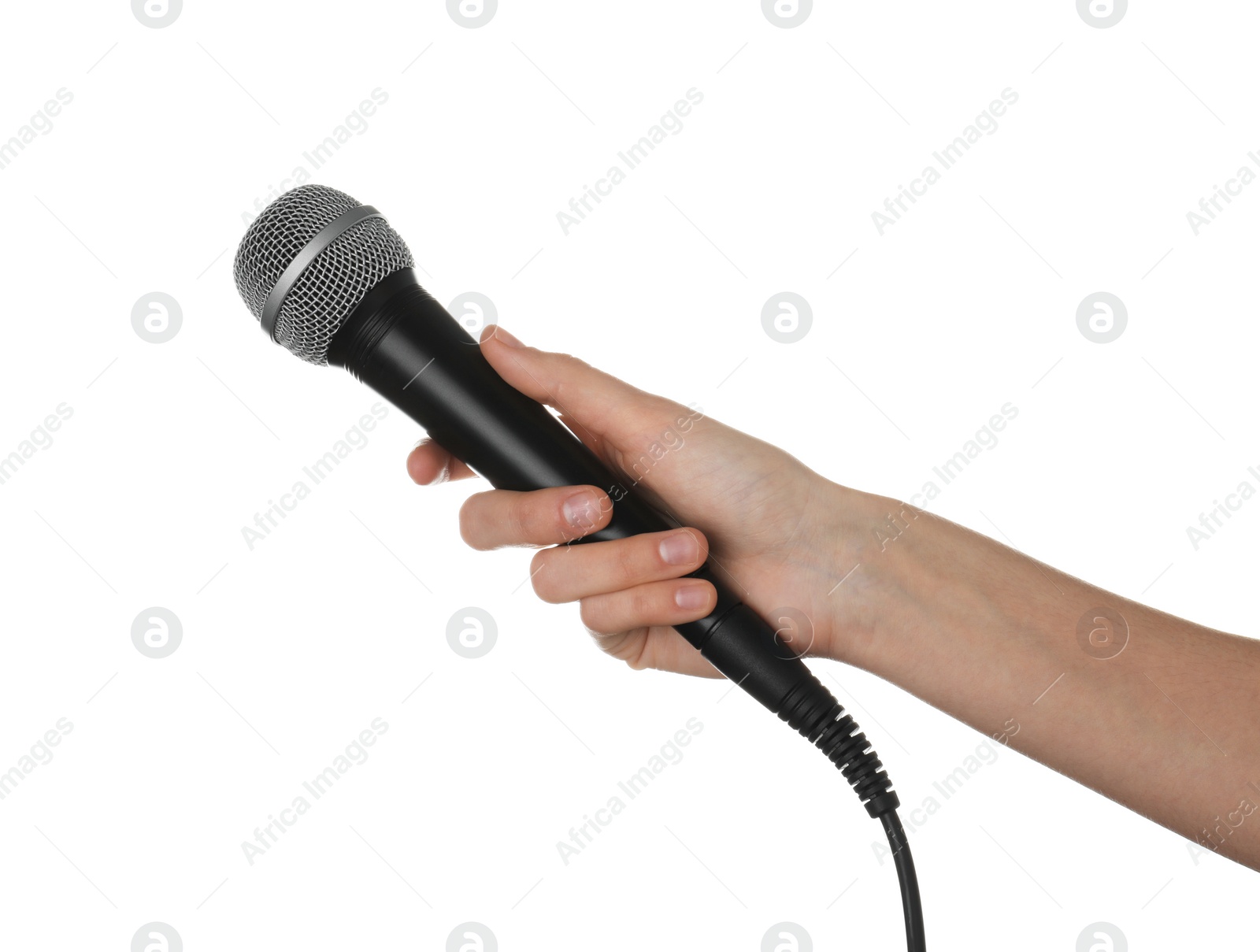 Photo of Woman holding dynamic microphone on white background, closeup