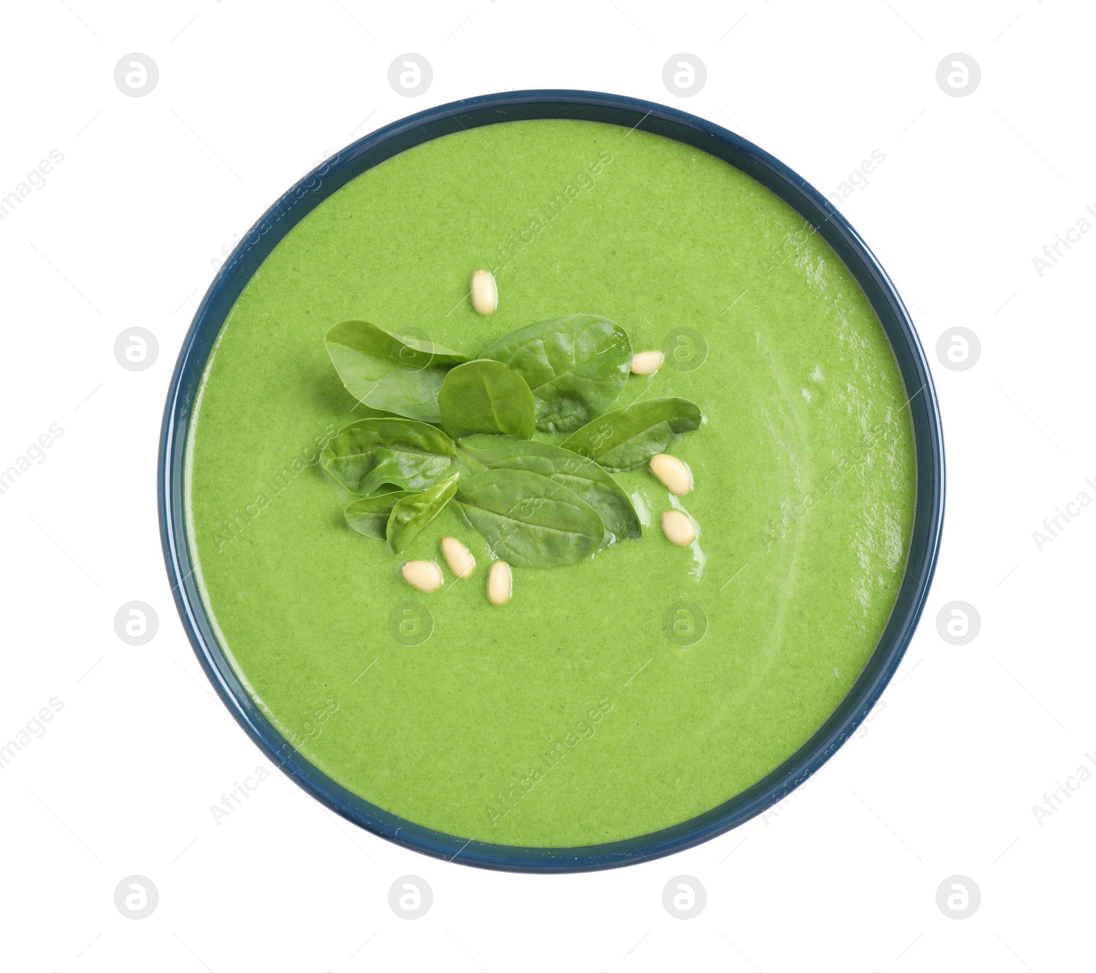 Photo of Bowl of healthy green soup with fresh spinach on white background, top view