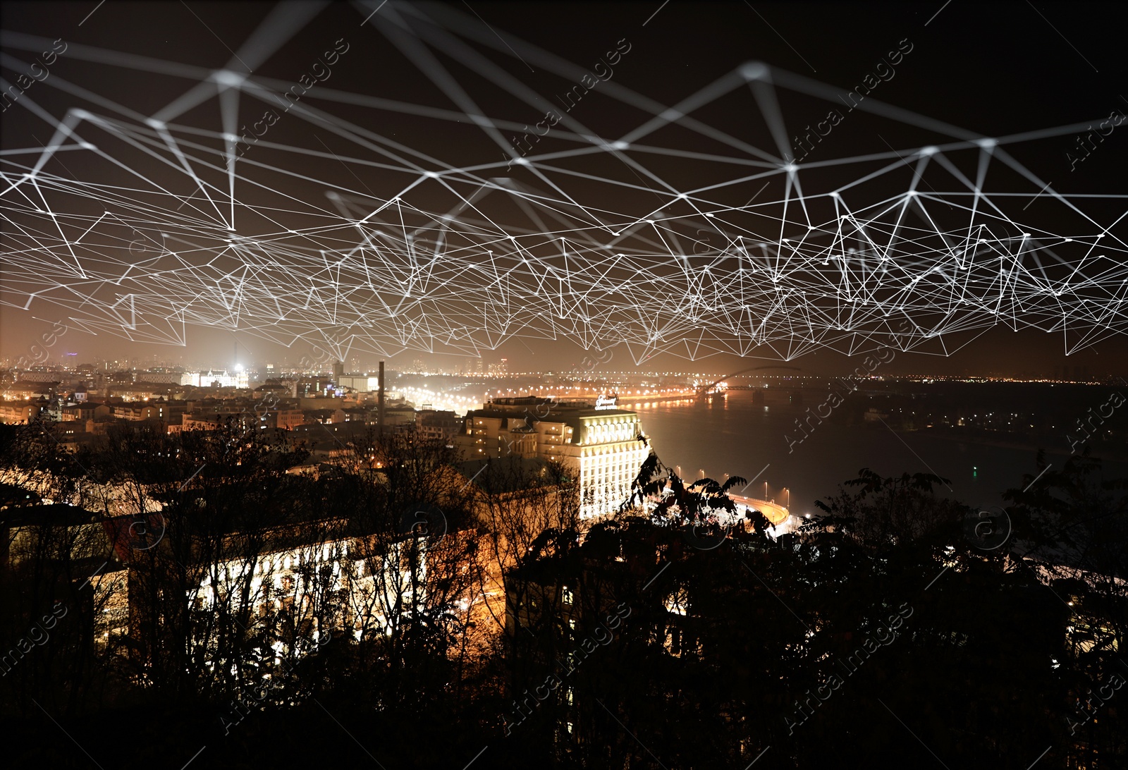 Image of Modern city at night and radio network. Connection concept