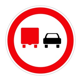Traffic sign NO OVERTAKING FOR TRUCKS on white background, illustration