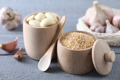 Dehydrated garlic granules, fresh cloves and spoon on grey wooden table, closeup