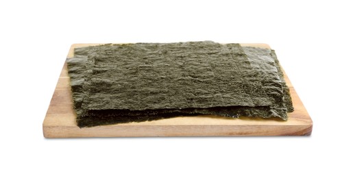 Photo of Wooden board with dry nori sheets on white background