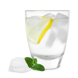 Photo of Shot of vodka with lemon, ice and mint on white background