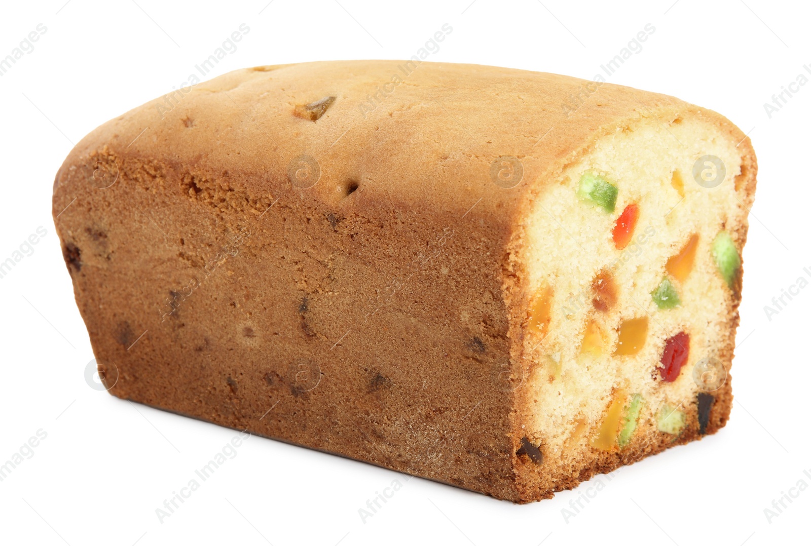 Photo of Delicious cake with candied fruits on white background