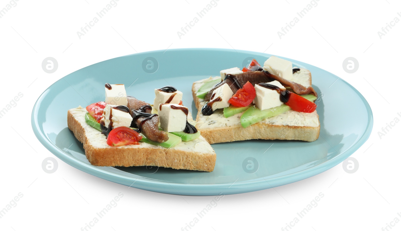 Photo of Delicious sandwiches with anchovies, cheese, tomato and sauce on white background