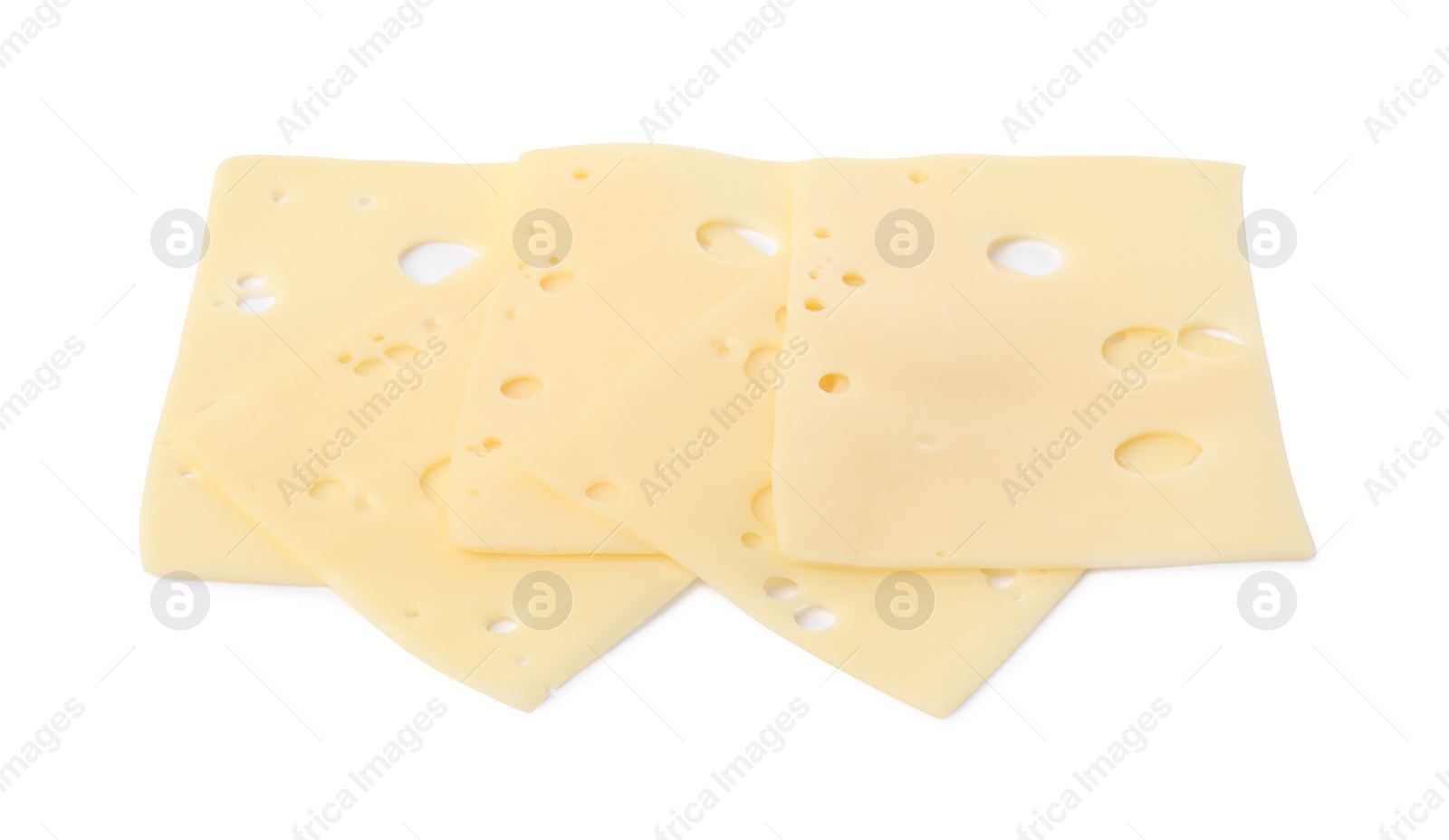 Photo of Slices of tasty fresh cheese isolated on white