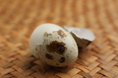 Photo of One boiled quail egg in shell on wicker surface, closeup