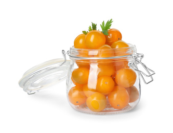 Photo of Pickling jar with fresh yellow tomatoes isolated on white