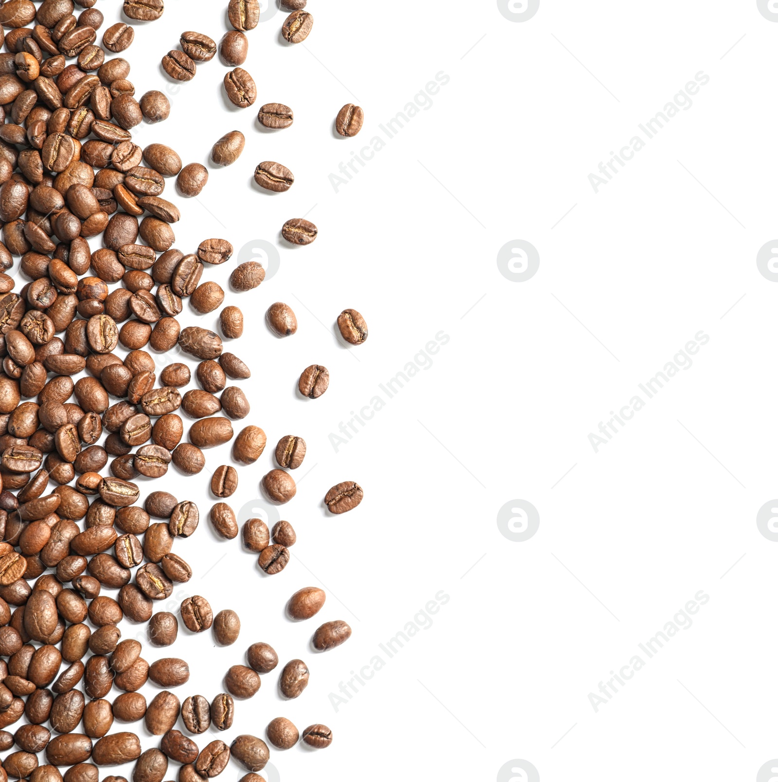 Photo of Roasted coffee beans on white background, top view