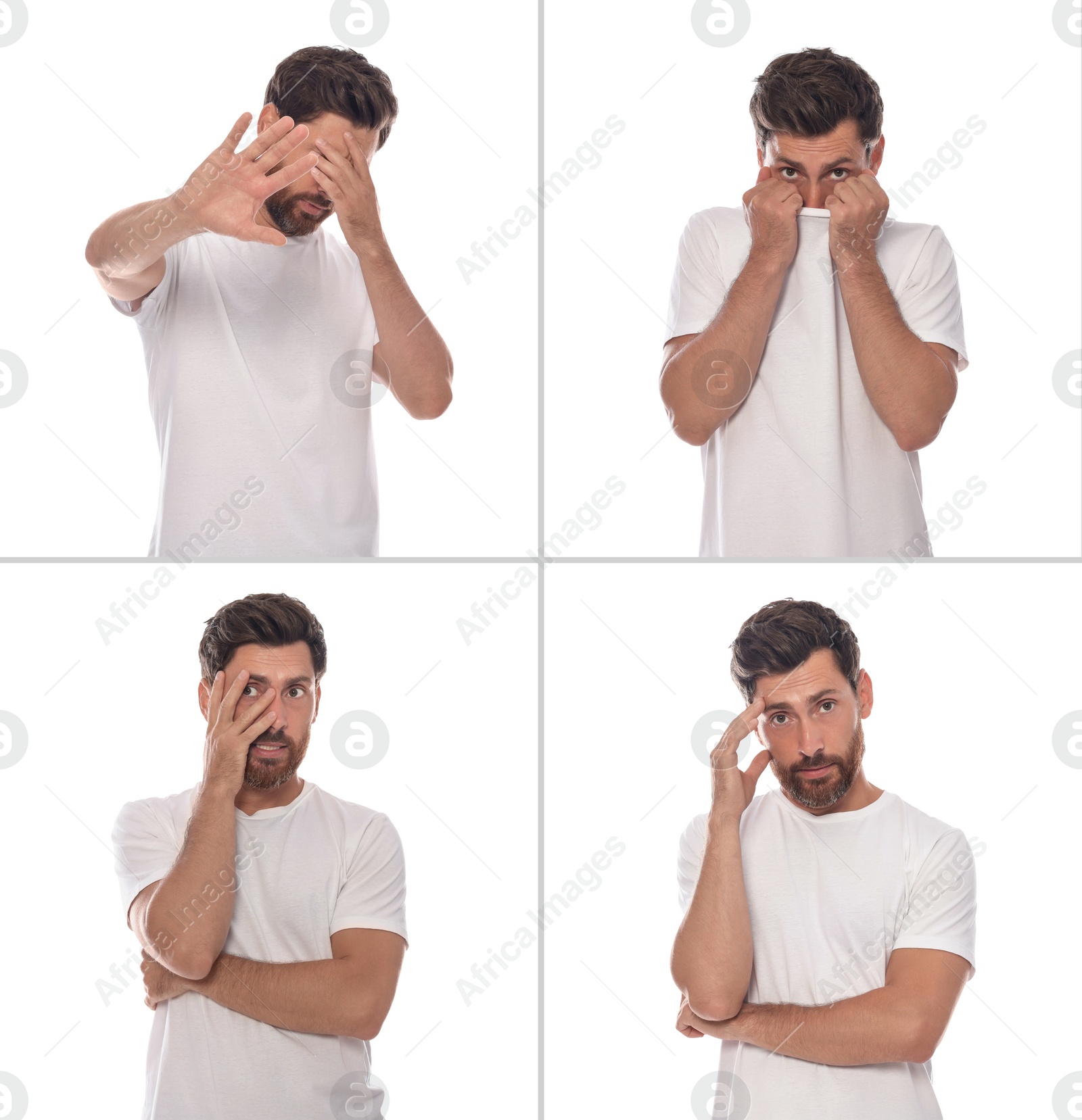 Image of Embarrassed man on white background, set with photos