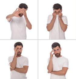 Embarrassed man on white background, set with photos