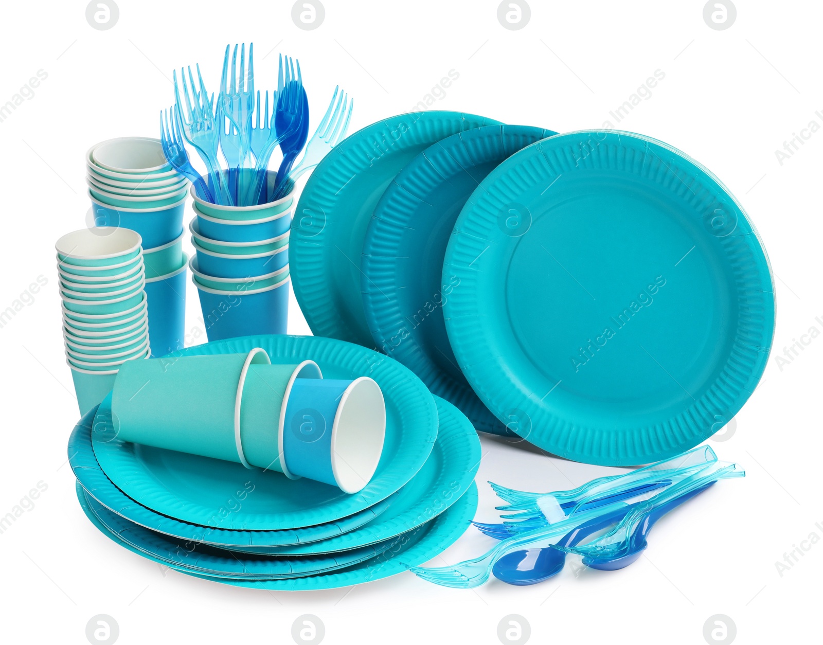 Photo of Set of disposable tableware on white background