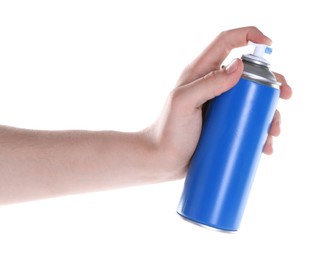 Photo of Man with can of spray paint on white background, closeup