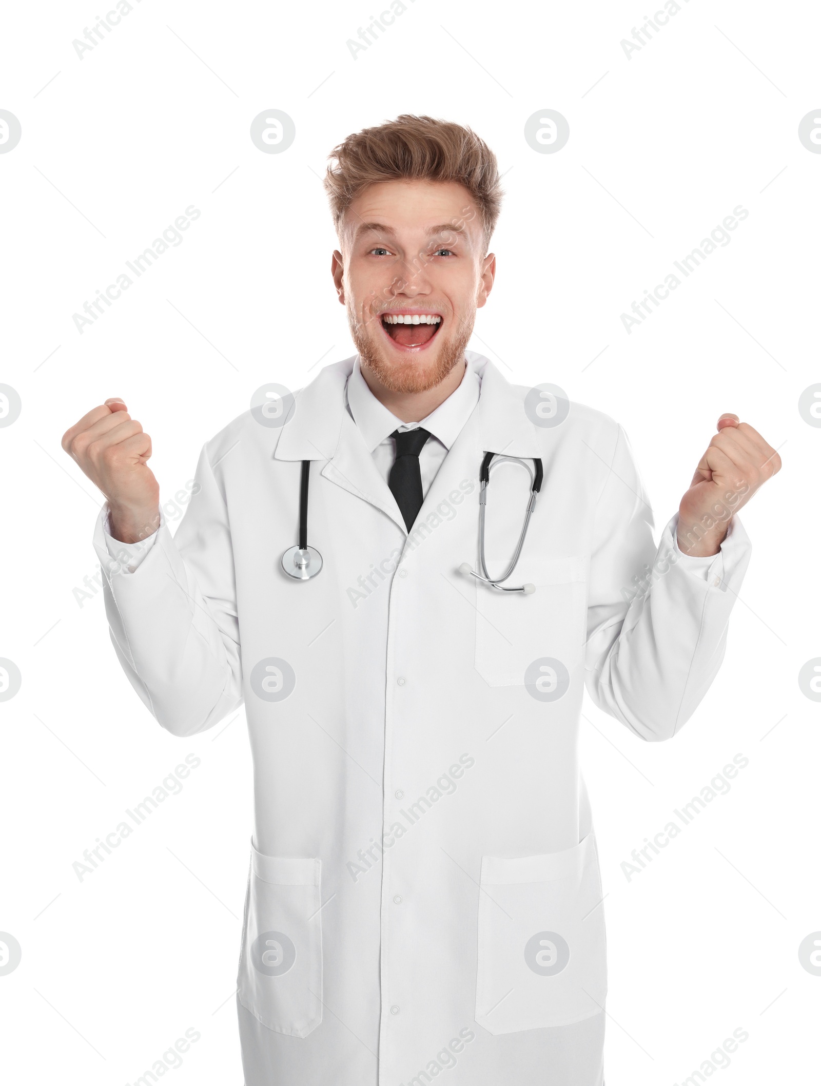 Photo of Portrait of emotional medical doctor with stethoscope isolated on white