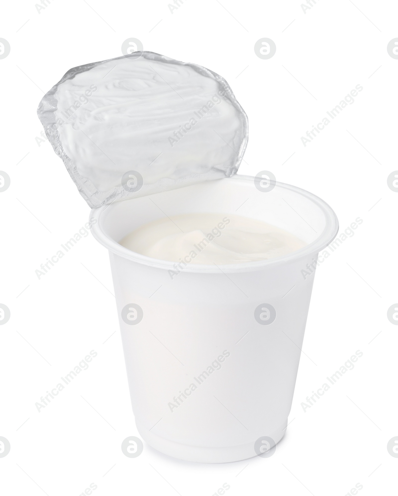 Photo of Plastic cup with delicious organic yogurt isolated on white