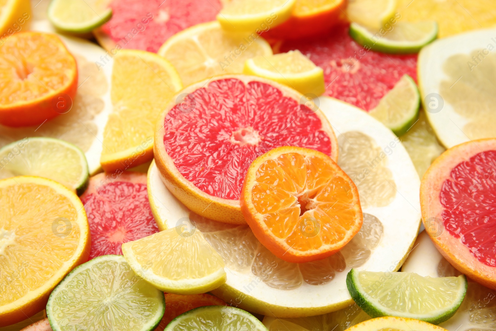 Photo of Slices of different citrus fruits as background