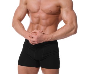 Photo of Young man is stylish black underwear on white background, closeup