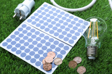 Photo of Solar panels, light bulb and coins on green grass