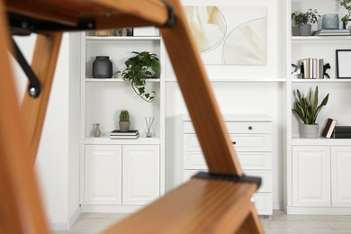 Photo of Beautiful potted plants and accessories on shelves in room, view through wooden ladder