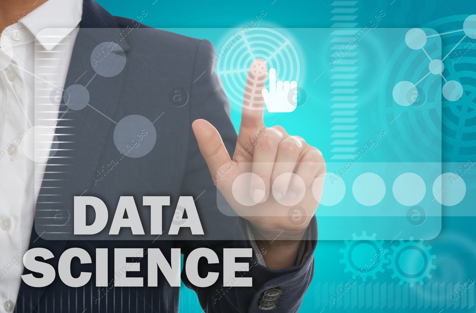 Image of Data science. Woman touching digital screen, closeup