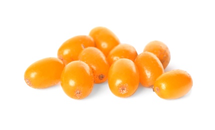 Photo of Fresh ripe sea buckthorn berries on white background