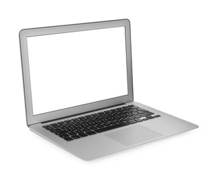 Photo of Modern laptop with blank screen isolated on white