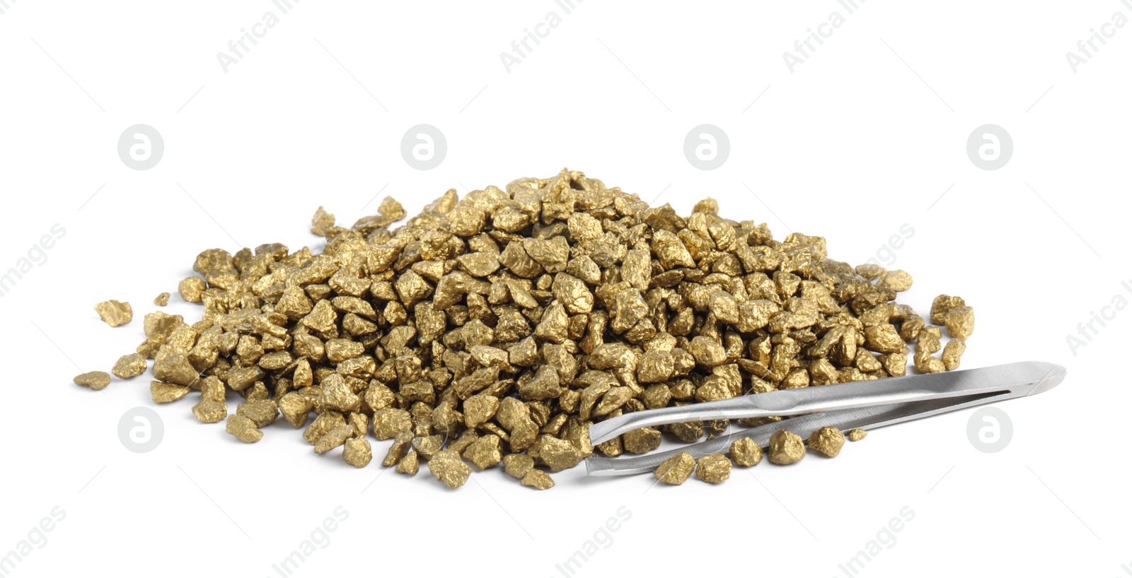 Photo of Pile of gold nuggets and tweezers on white background