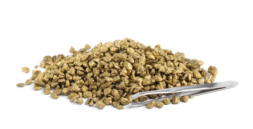 Pile of gold nuggets and tweezers on white background