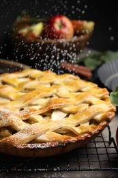 Photo of Sprinkling traditional apple pie with powdered sugar, closeup