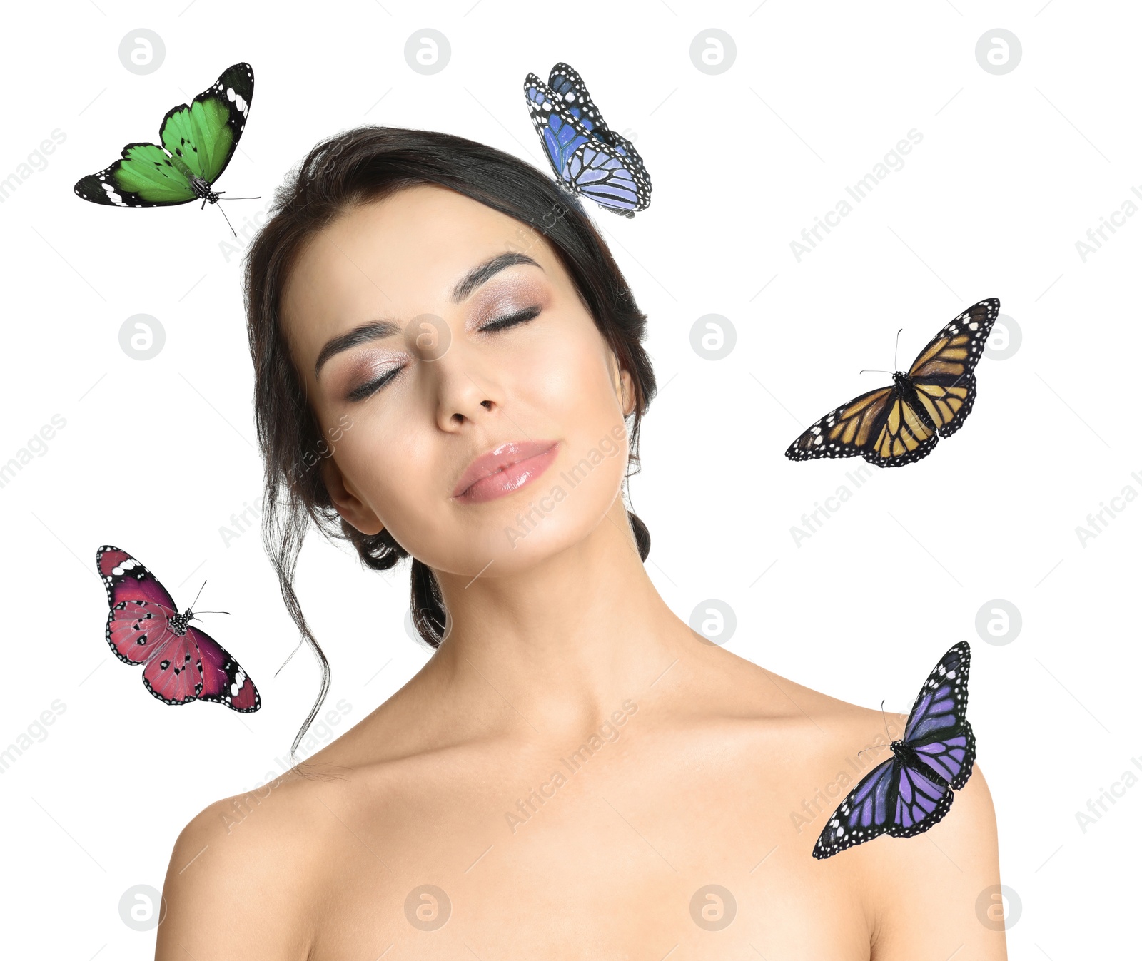 Image of Beautiful young woman and butterflies on white background