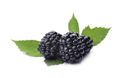 Photo of Tasty ripe blackberries with green leaves on white background