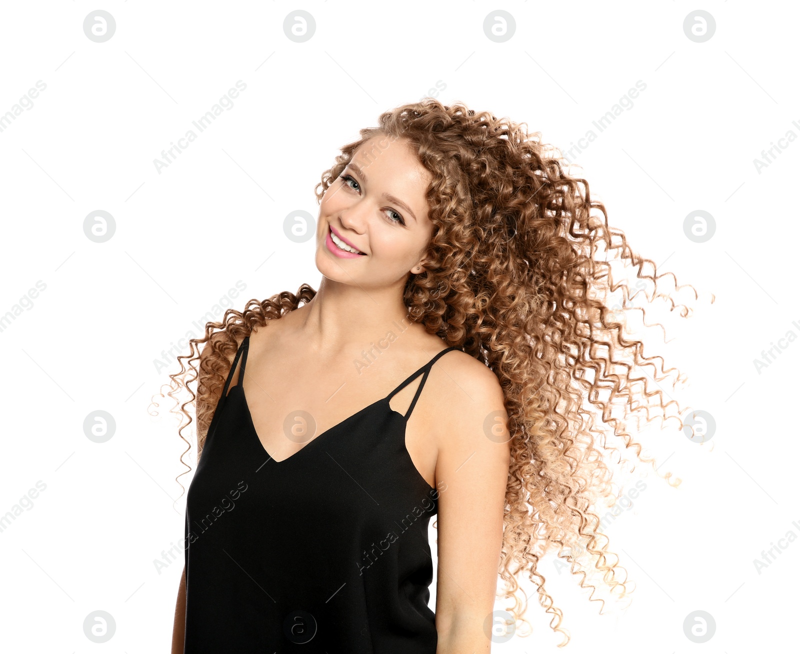 Photo of Portrait of beautiful young woman with shiny wavy hair on white background