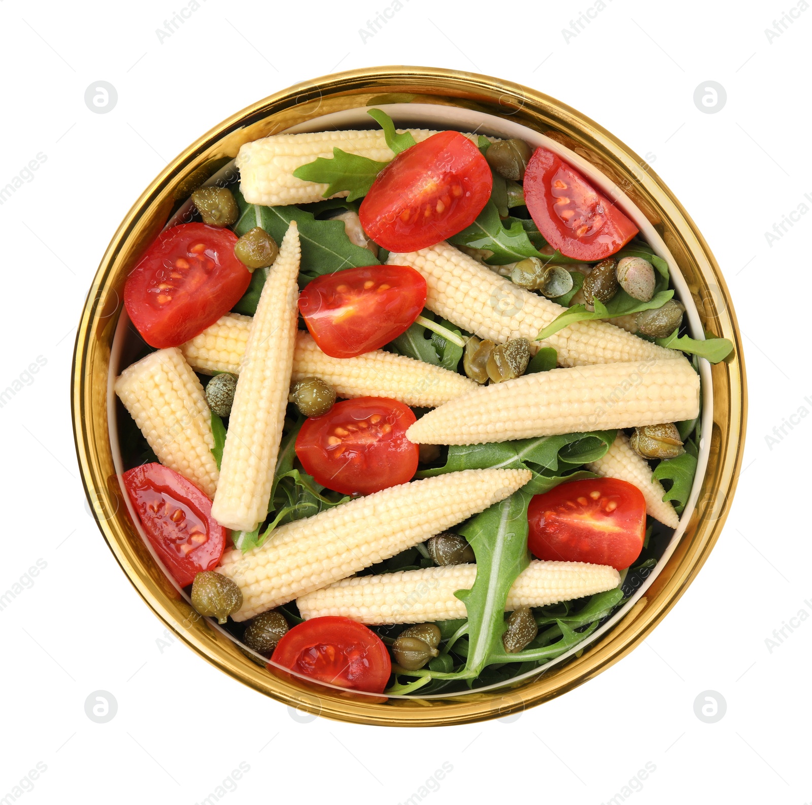 Photo of Tasty baby corn with tomatoes, arugula and capers isolated on white, top view