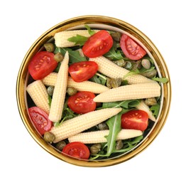 Photo of Tasty baby corn with tomatoes, arugula and capers isolated on white, top view