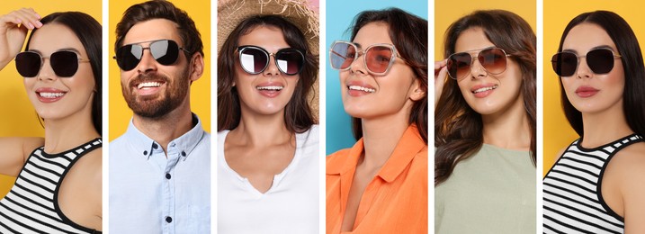 Image of Collage with photos of people with stylish sunglasses on different color backgrounds. Banner design